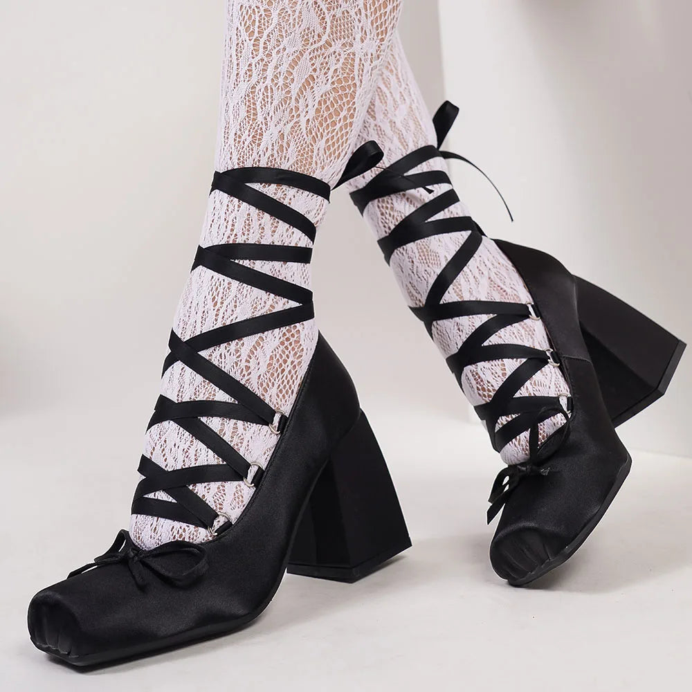 Big Size 43 Sweet Purple Mary Janes Pumps Ribbon Tied Satin 9cm Block High Heels Ballet Shoes Women White Party Wedding Shoes