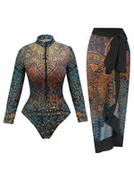 Vintage Leaves Print SPF Sunscreen Pants Swimwear Sets Women Long Sleeve Zipper Bathing Suit Sun Protect One Piece Swimsuit 2026