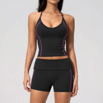 2PCS Women Yoga Sets Color Contrast Hanging Neck V Neck Slimming Sports Tank Top Flip High Waist Shorts Gym Running Fitness Suit