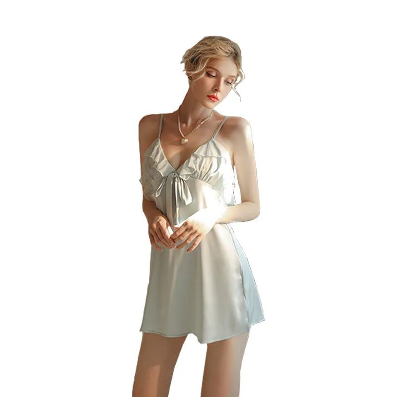 New Fashion Satin Nightgown Women's Silky Chemise Slip Dress Romantic Ruffle Detail Sleepwear Spaghetti Strap Lingerie Hot Sale