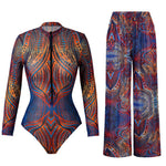 XS - XXL Printed Long Sleeve With Pants Women Swimwear One Piece Swimsuit Female Zipper Padded Bather Bathing Suit Swim V7094