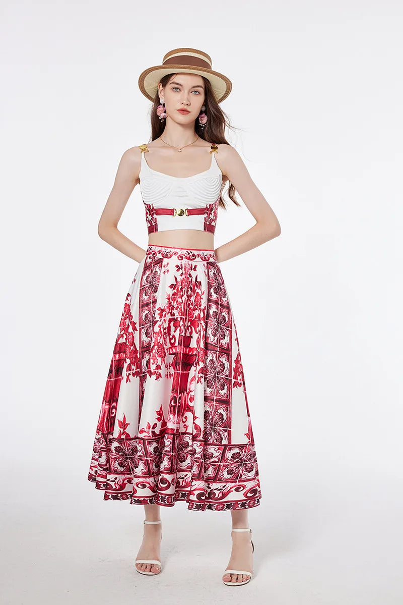 Women's Dress Blue And White Porcelain Retro Printed Metal Buckle Three-dimensional Strapless Top + Wide Skirt Two-piece Set