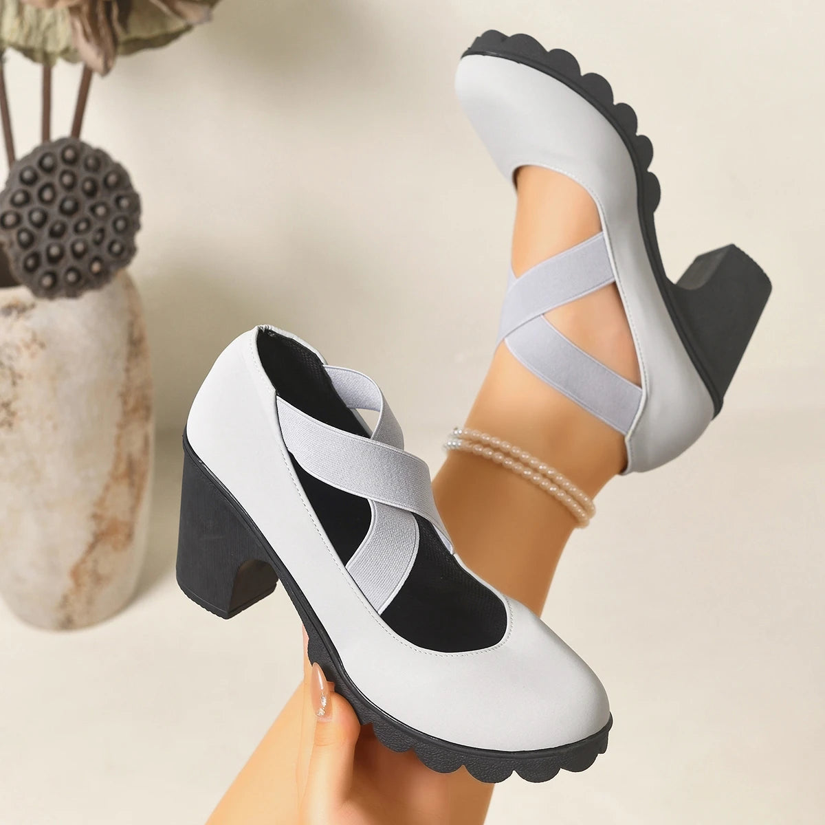 Women Mary Jane Pumps Cross Elastic Strap Suede Chunky High Heel Lug Platform Sole Dress Party Shoes Large Size