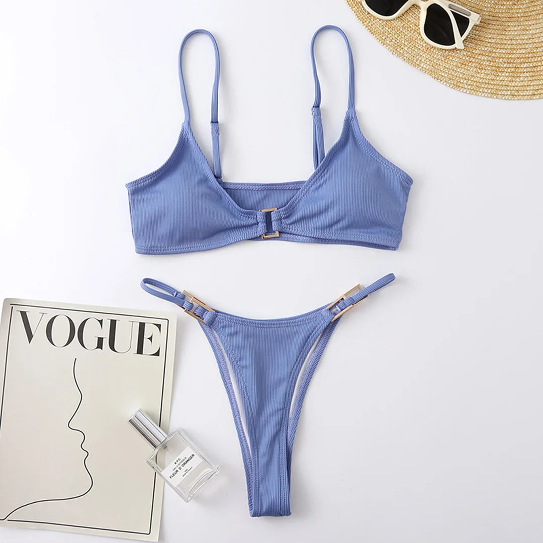 11 Colors Sexy Ribbed High Cut Bikini Women Swimwear Female Swimsuit Two-piece Bikini Padded set Bather Bathing Suit Swim V7111B