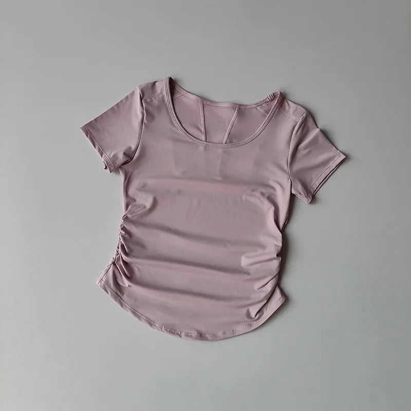 Women's Summer Yoga Sports Top Short Sleeve Pleated Waist Cinching Mesh Spliced Breathable Fitness T-Shirt