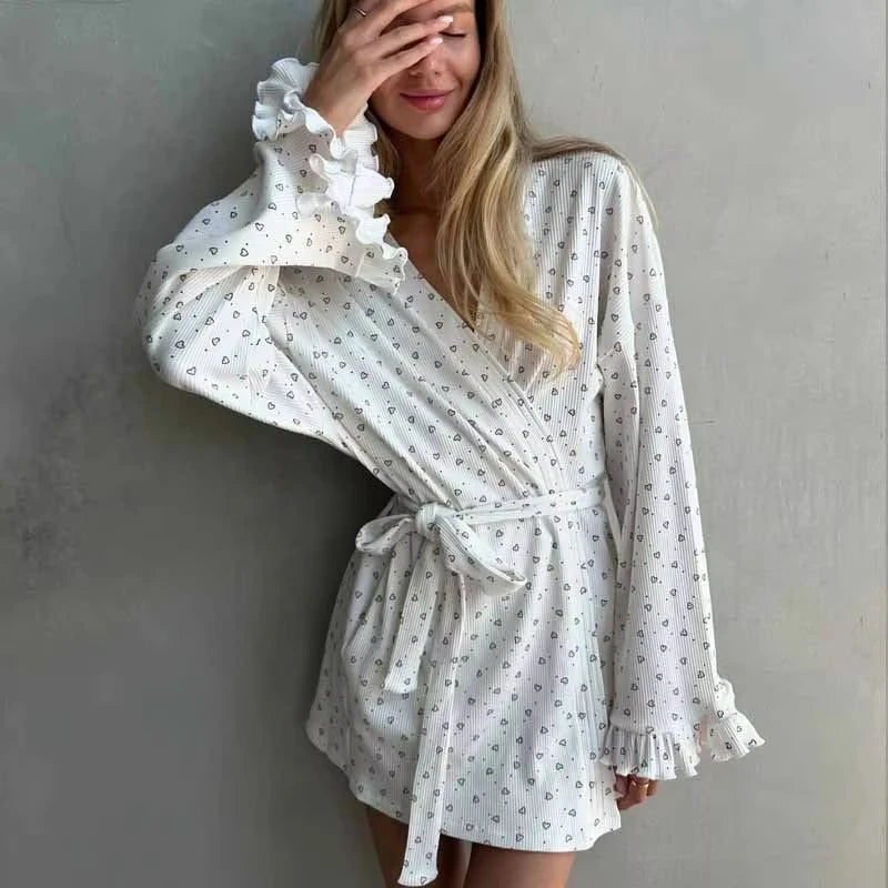 New women's sleepwear sweet home clothes loose heart printed casual long sleeved lace autumn and winter lace up nightgown Y2K
