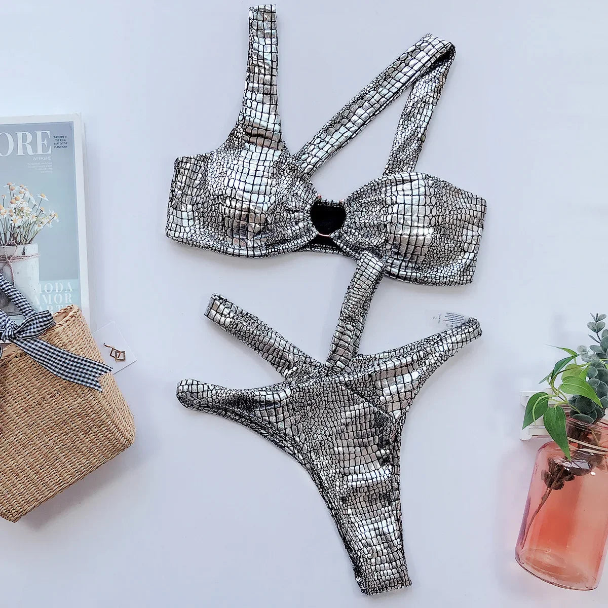 Bikini 2026 Sexy Bronzing Snakeskin Hollow Swimwear Swimsuit Women Bikinis Set Bathing Suit Beach Bikini Luxe Female Metal Ring