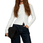 Women Long Sleeve Round Neck Spring Fall Lace Tops Slim Fit Solid Color Oblique Button Up T-shirts