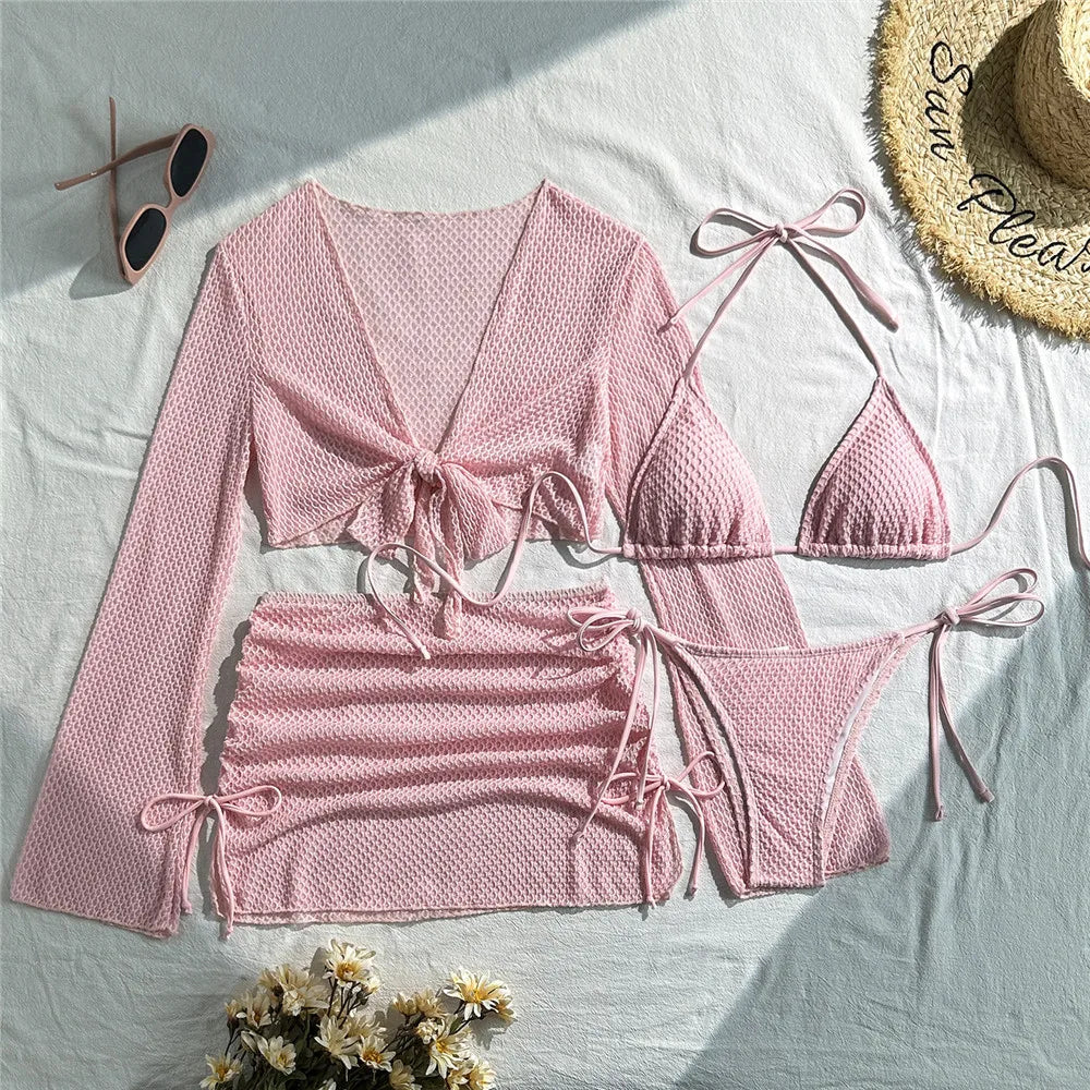 Beige Mesh Halter String Triangle Micro Thong Bikinis Sets 4 Pieces Long Sleeve Cover Ups Sexy Swimsuit Women Holiday Swimwear