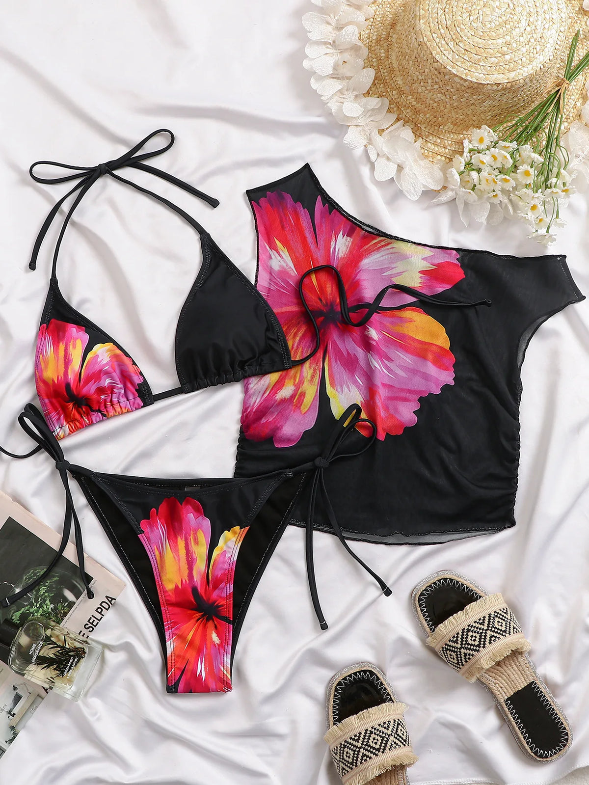 Vintage Black Floral Print Bikini Set 2026 Women Short Sleeve Cover Up 3 Piece Swimsuit Holiday Bathing Suit Triangle Swimwear