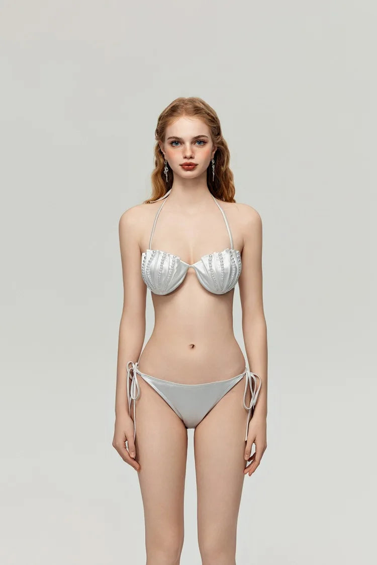 Peals Shell Push Up Bikini Set Women Pink White Underwire Bra Mesh Skirt 3 Piece Swimsuit 2025 Beach Bathing Suit Thong Swimwear