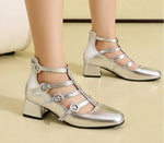 Metallic Silver Gold Women Mary Jane Pumps Square Toe Block Heel Crisscross Ankle Strap Back Zipper Elegant Party Dress Heels