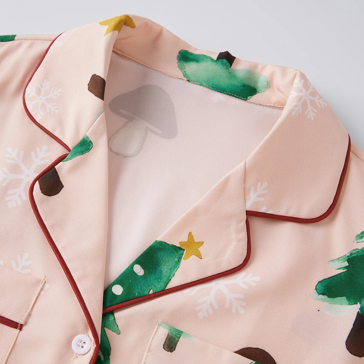 Christmas Pajama Set for Women Long Sleeve Lapel Mushroom Christmas Tree Print Shirt Pants Loose Two Pieces Sleepwear