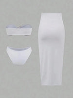with Long Mesh Skirt Bandeau Bikini Women Swimwear Female Swimsuit Three-pieces Bikini Set Bather Bathing Suit Swim Beachwear