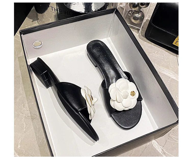 High End Luxury Flower Slippers Women Camellia Shoes Open Toe Slides Femme Outside&Home Pantuflas Sandals Ladies Flip Flops