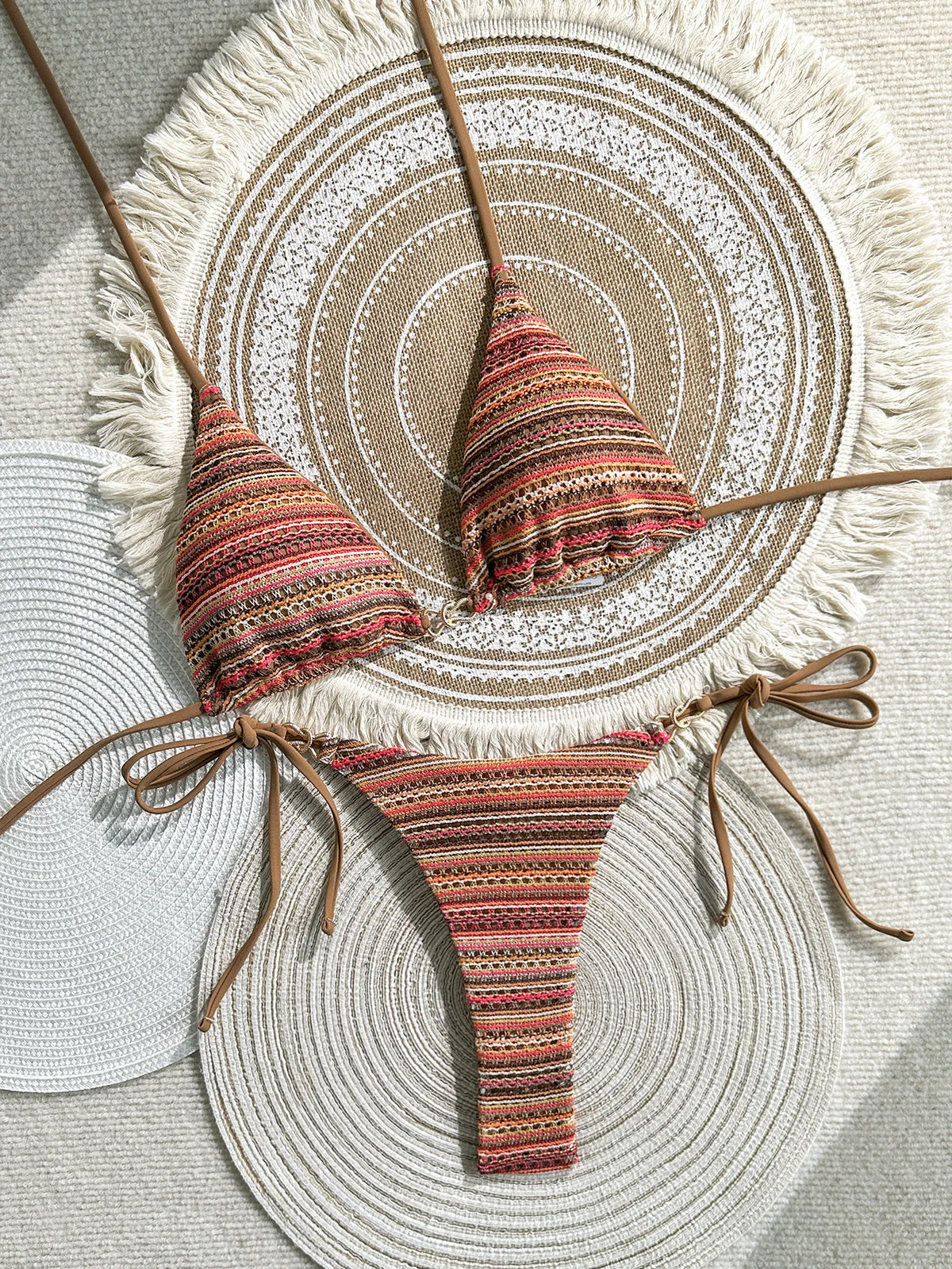 Sexy Coffee Striped Micro Bikini Set 2026 Women Halter Push Up Bra Bandage Thong Swimsuit Summer Bathing Suit Holiday Swimwear
