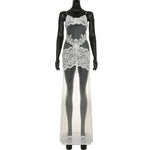 FDYOUI Sexy Lace Patchwork Mesh Long Dress Women Spaghetti Strap See-through Evening Party Dresses White Black Night Club Outfit