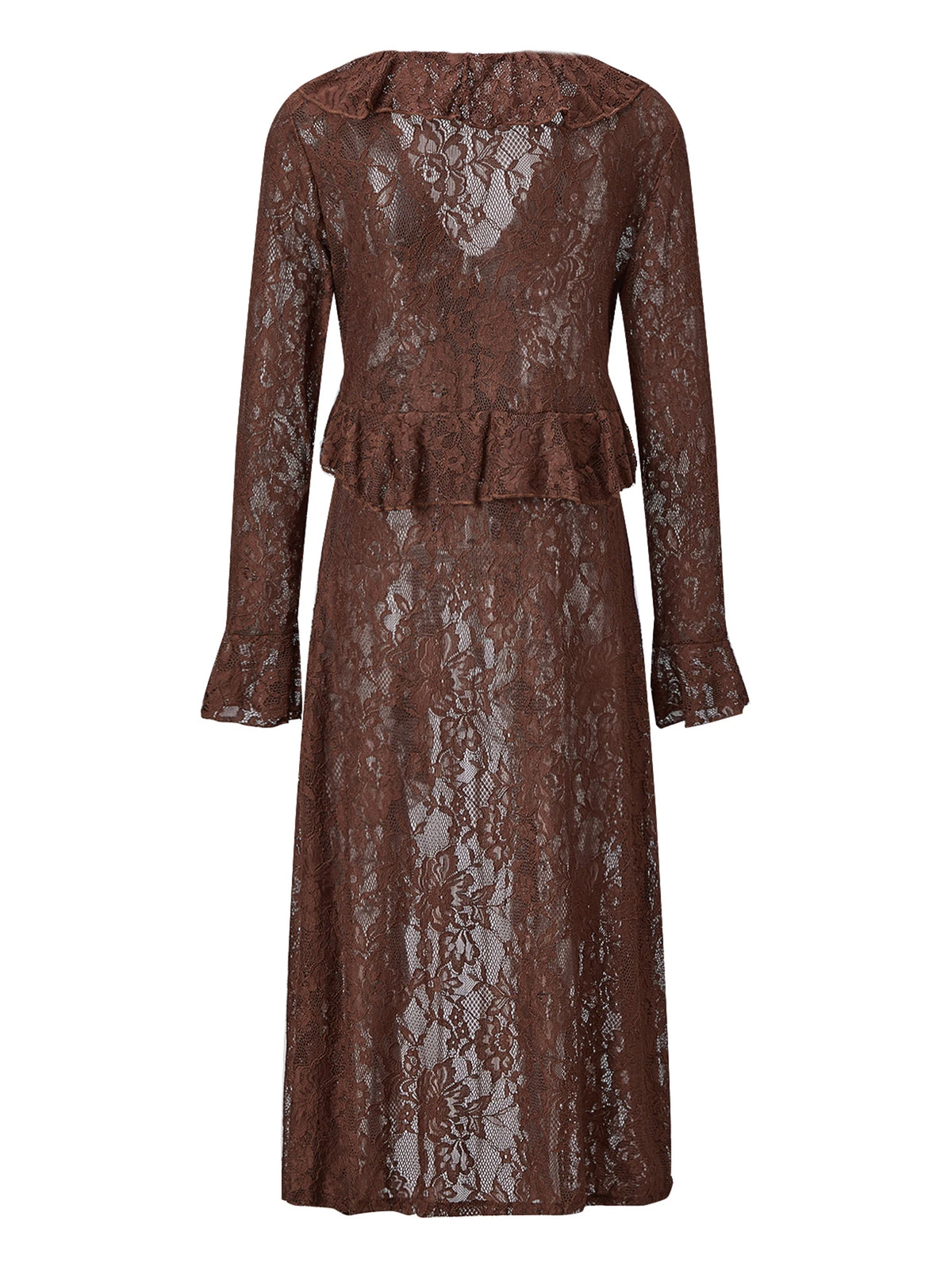 Women Casual Lightweight Floral Lace Ruffles Cover-ups Long Duster Summer Solid Color Tie Front Cardigan