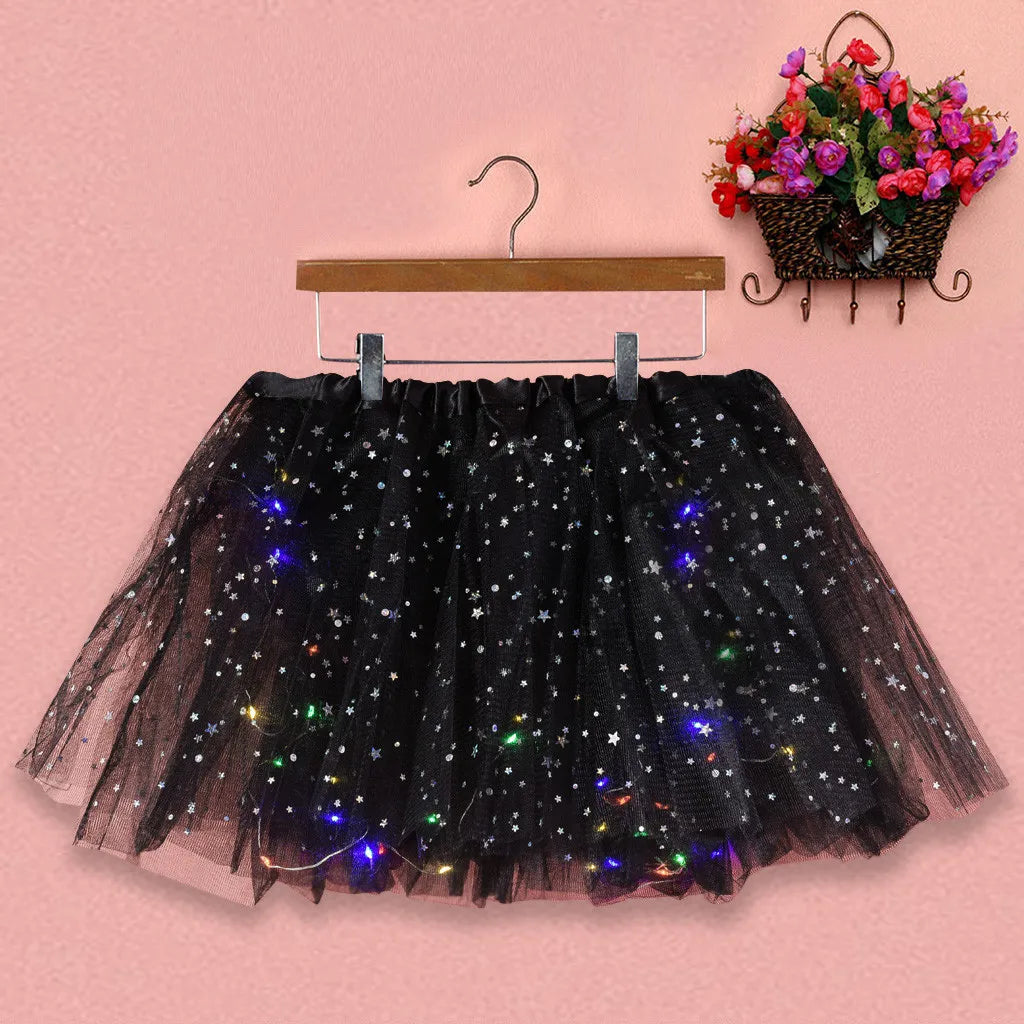 Women's Tulle Skirt Star Sequined Short Tutu Skirt Fancy Ballet Dancewear Party Costume Ball Gown Led Light Luminous Mini Skirts