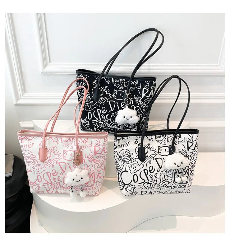 Large Capacity Printed Tote Bag, Fashion and Versatile Casual Single Shoulder Handbag with Pendant, College Style Women's Bags