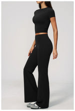 Creamy 2 Pieces Workout Suit Women Yoga Outfits Short Sleeve O Neck Slim Sports T Shirts High Waist Flare Pants Gym Fitness Sets
