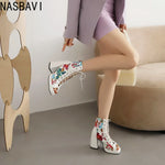 White Floral Embroidered Peep Toe Lace-Up Chunky Block Heel Platform Hollow Out Ankle Sandal Boots for Women