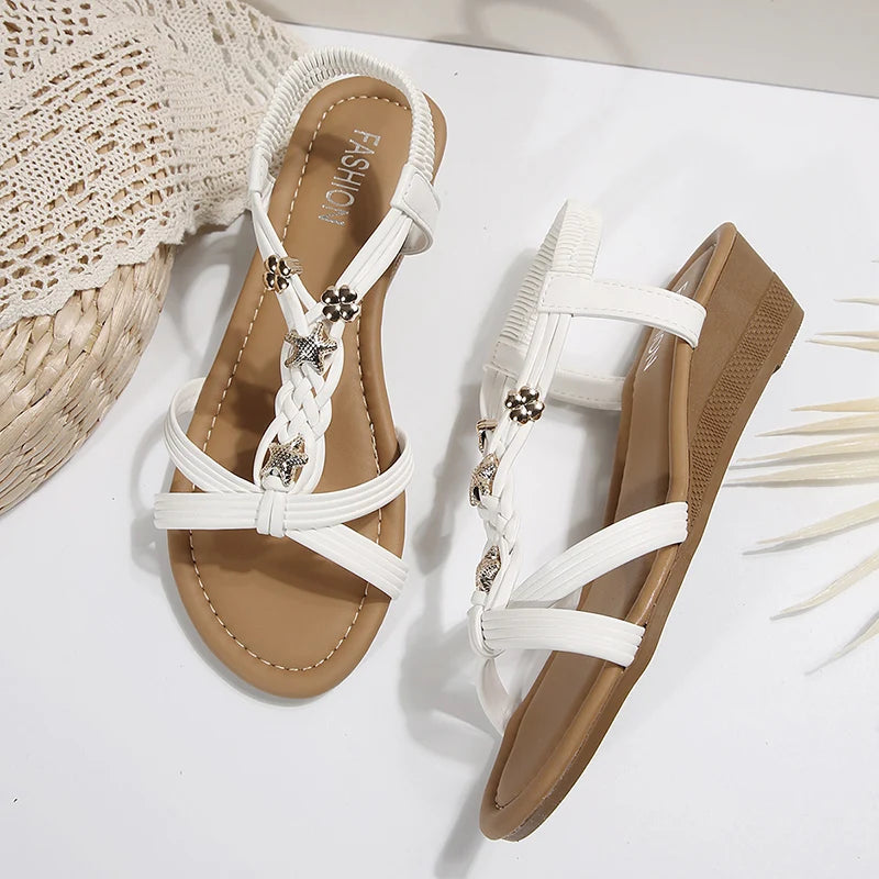 Summer Woven Wedges Rome Sandals Women 2025 Plus Size 36-42 Elastic Band Sandles Woman Lightweight Slip On Beach Sandalias Mujer