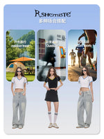 Hot girl top V-neck exposed navel contrasting color splicing clothes women's street short-sleeved T-shirt