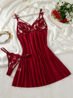 Burgundy Floral Lace Sheer Mesh Babydoll Lingerie Set Slip Nightdress With Matching Thong Women Sexy Sleepwear ZA825066