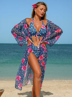 Blue Leopard Print Bikini Set Large Size Women Front Tie Push Up High Waist Swimsuit 2026 Long Sleeve Cover Up 3 Piece Swimsuit