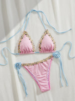 Sexy 3D Floral Bikini Set 2025 Women White Pink Contrast Push Up Bra Tie Side Thong Swimsuit Beach Bathing Suit Micro Swimwear