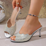 New Mules Shoes Women High Heeled Slippers Crystal Stiletto Peep Toe Ladies Banquet Slingback Party