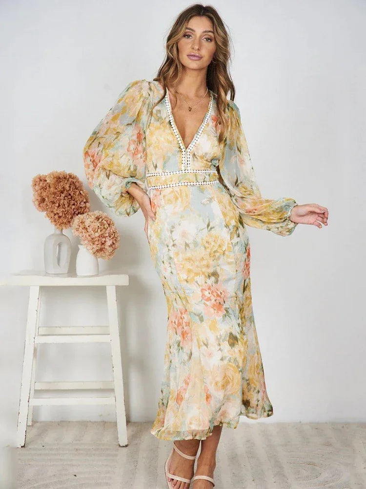 Foridol Hollow Out Lantern Sleeve Spring Women's Dress Printed Floral Midi Summer Dress 2025 V Neck Boho Yellow Sundress Party
