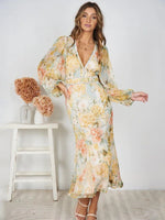 Foridol Hollow Out Lantern Sleeve Spring Women's Dress Printed Floral Midi Summer Dress 2025 V Neck Boho Yellow Sundress Party