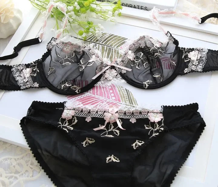 MOYISU Pure Sexy French Ultra-thin Underwire Large Size Bra Set Fat Mm Big Chest Small D Cup Bra Thin Lace Underwear Women