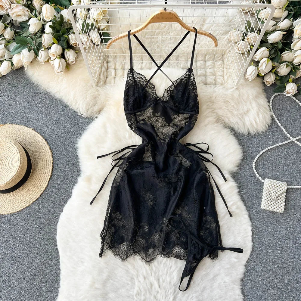 Sissy Crotchless Garter Deep V Lingerie Set See Through Lace Underwear Sexy Nightwear G-String Thongs Fantasy Pajamas