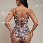 S - XL Printed Underwired V Neck Women Swimwear One Piece Swimsuit Female Lace Up High Leg Cut Bather Bathing Suit Swim V7552