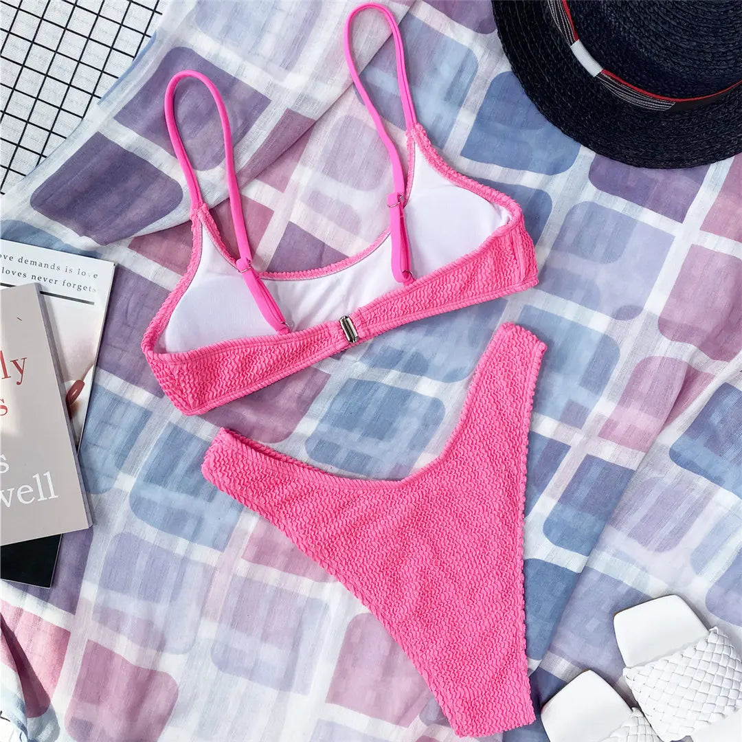 7 Color Sexy Padded Wrinkled Crinkled Bikini Women Swimwear Female Swimsuit Two-Pieces Bikini Set Bather Bathing Suit Swim V3032