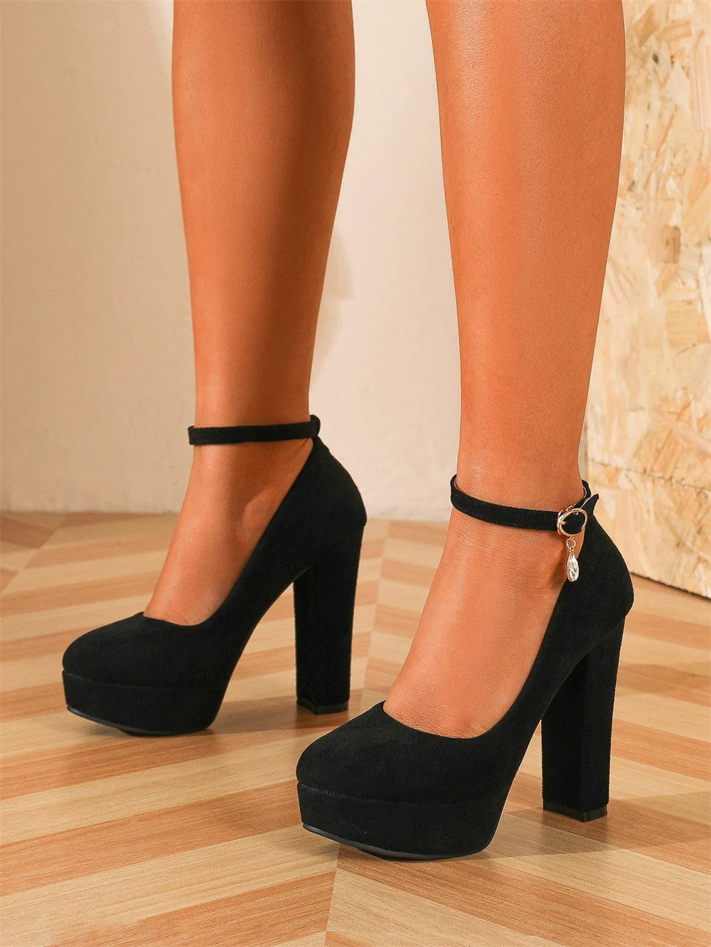 2026 Plus Size 43 Elegant Black Ankle Strap Platform Pumps Sexy Spike High Heels Shoes Women Classic Apricot Office Lady Shoes
