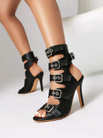 Fashion Buckle Women's Sandals Summer Shoes 2025 Sexy Cut-outs High Heels Black Peep Toe Footwear Party Office Dance Shoes Girls