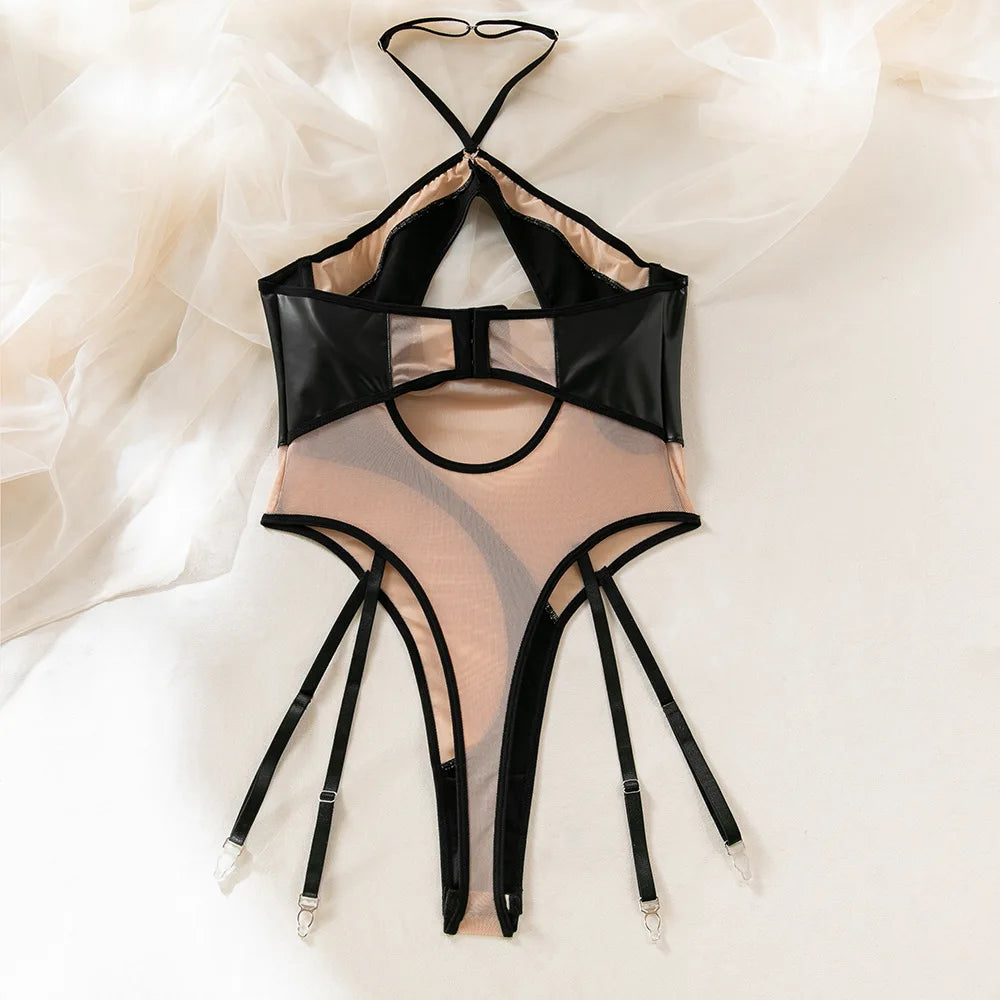 DEKA-See Through Mesh Bodysuit for Women, Matching Halter, Lace Up Bathing Suit, Push Up Swimsuit, Beach Swimwear
