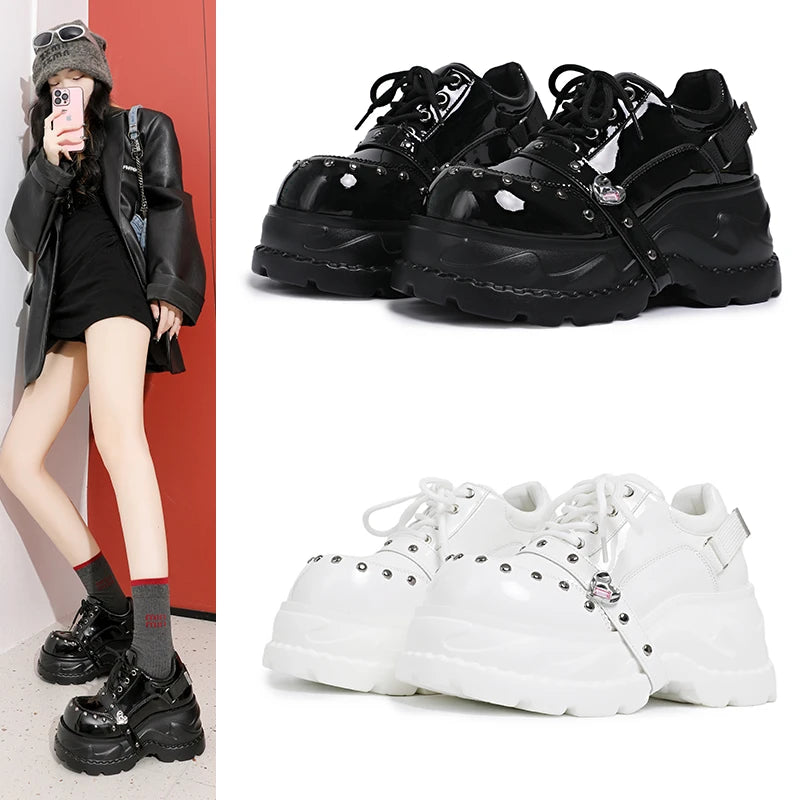 2026 Chunky Platform Punk Sneakers Women Belt Decor Lace Up Thick Bottom Vulcanized Shoes Woman Heighten Rivets Goth Shoes Mujer