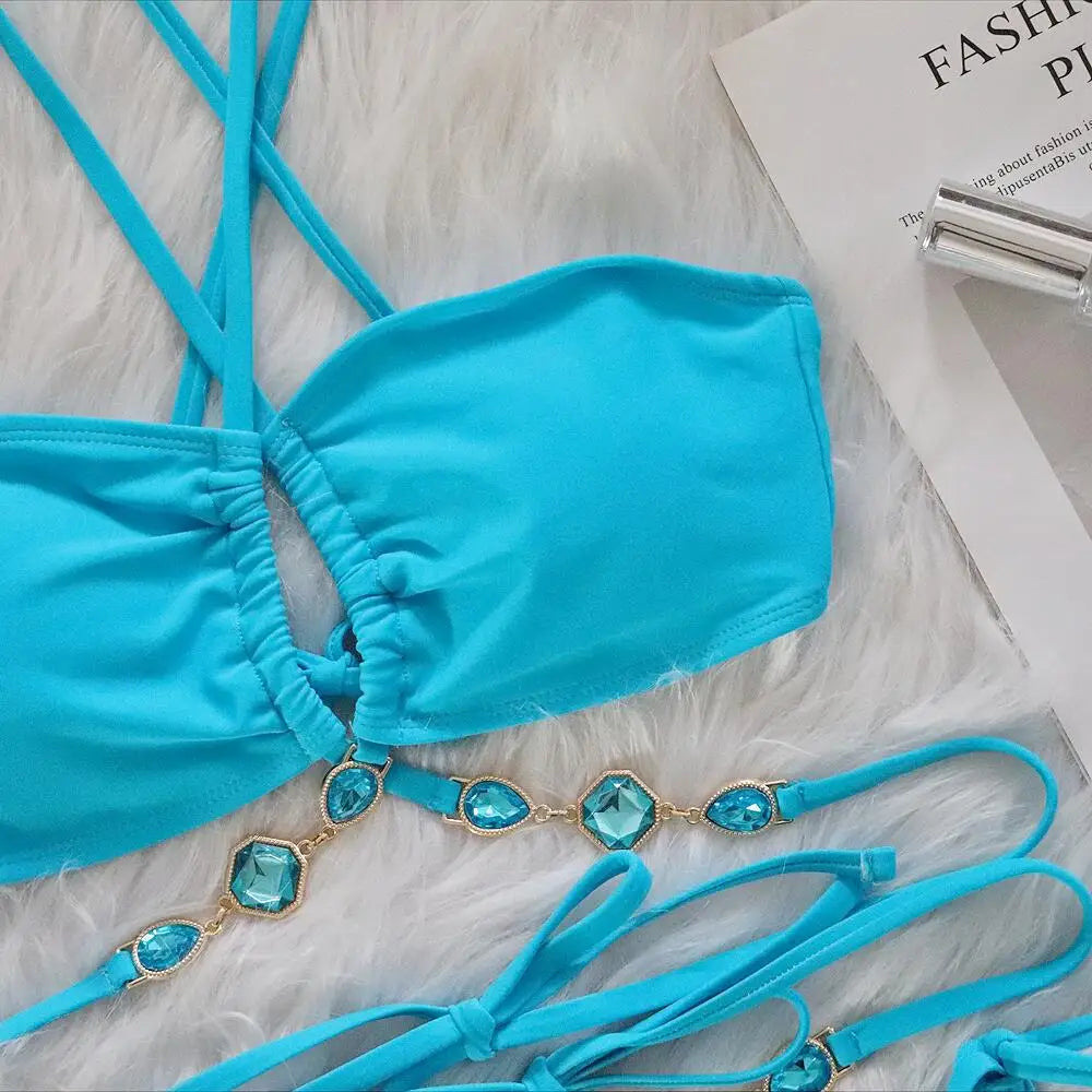 DEKA Brazilian Diamond Bikini Set Women Halter Blue Swimwear Female Swimsuit Bandage Bikini SetBathing Suit Swim Beach Wear