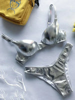 Shiny PU Faux Leather Bikini Women Swimsuit Female Swimwear Two-pieces Bikini Set Underwired Bra Cup Bikinis Bathing Suit Swim
