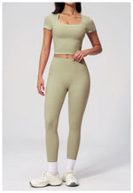 2PC Color Contrast Yoga Suit Women Short Sleeve Square Collar Slim Sports Top Fitness Suits Outdoor Exercise Leggings Tracksuit