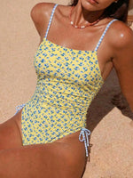 DEKA S - XL Flower Floral V Neck One Piece Swimsuit Women Yellow Swimwear Female Monikini High Cut Leg Padded Bather Bathing Sui