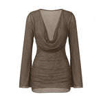 Women's Summer Solid Color Sheer Beach Mini Dress Long Sleeve Deep V Neck Swim Cover Up Swimwear for Pool Vacation