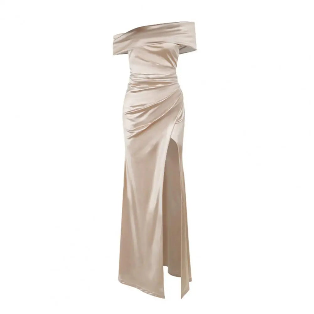 Off Shoulder Prom Dress for Women Satin Evening Party Formal Gown High Slit Cocktail Wedding Guest Maxi Dress