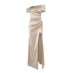 Off Shoulder Prom Dress for Women Satin Evening Party Formal Gown High Slit Cocktail Wedding Guest Maxi Dress