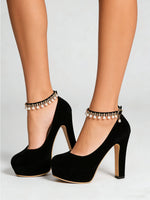 2026 Big Size 33-43 Classic Black Office Lady Beading Ankle Strap Platform Pumps Elegant Red 12cm Party High Heels Shoes Women